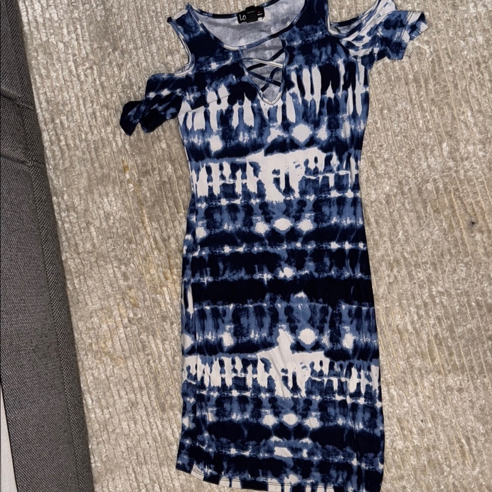Stylish Blue Tie-Dye Cold Shoulder Dress